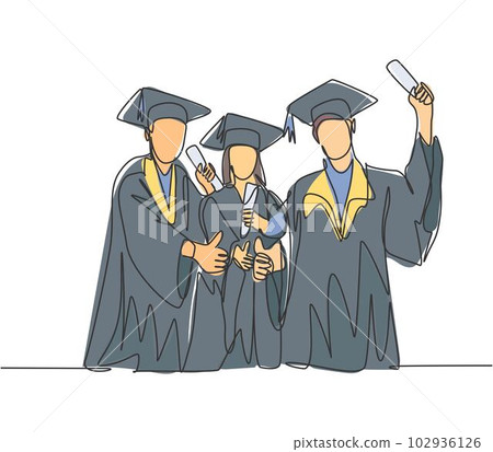 One line drawing group of young happy graduate male and female college student wearing gown and giving thumbs up gesture. Education concept continuous line draw design vector illustration 102936126