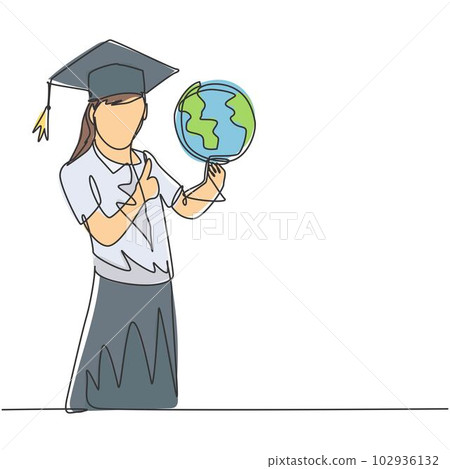 One line drawing of young happy female student carrying a globe and wearing graduation hat and giving thumbs up gesture. Education concept continuous line graphic draw design vector illustration One line drawing of young happy female student carrying a globe and wearing graduation hat and giving thumbs up gesture. Education concept continuous line graphic draw design vector illustration 102936132