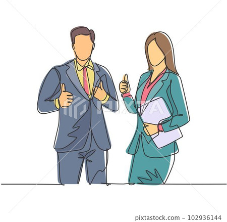 Single line drawing group of young happy couple businessman and businesswoman standing up together giving thumbs up gesture. Business teamwork concept. Continuous line draw design vector illustration 102936144