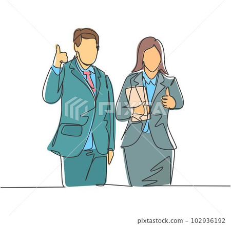 Single line drawing of young happy couple businessman and businesswoman giving thumbs up gesture. Business teamwork concept. Continuous line draw design vector illustration Single line drawing of young happy couple businessman and businesswoman giving thumbs up gesture. Business teamwork concept. Continuous line draw design vector illustration 102936192