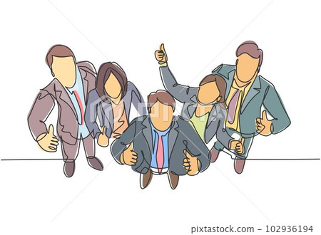 Single line drawing group of line up young businessmen and businesswoman standing up together giving thumbs up gesture from top view. Business concept. Continuous line draw design vector illustration Single line drawing group of line up young businessmen and businesswoman standing up together giving thumbs up gesture from top view. Business concept. Continuous line draw design vector illustration 102936194