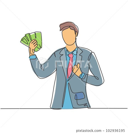 One line drawing of young happy successful businessman show money paper stack and gives thumbs up gesture. Business success concept. Continuous line draw design vector graphic illustration One line drawing of young happy successful businessman show money paper stack and gives thumbs up gesture. Business success concept. Continuous line draw design vector graphic illustration 102936195