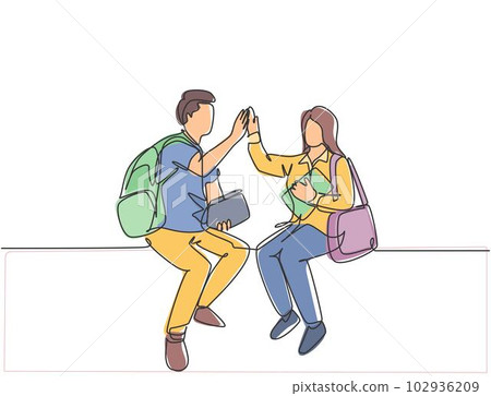 One line drawing of young happy couple man and woman student sitting at chair after the class and giving high five gesture. Relationship concept continuous line draw design vector graphic illustration 102936209