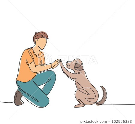 One single line drawing of young happy boy giving high five gesture to his puppy dog at outfield park. Pet care and friendship concept. Continuous line draw graphic design vector illustration One single line drawing of young happy boy giving high five gesture to his puppy dog at outfield park. Pet care and friendship concept. Continuous line draw graphic design vector illustration 102936388