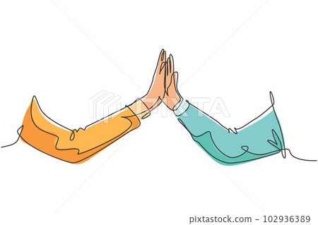 One line drawing of two men giving high fives gesture hands wearing office clothes to celebrate success. Business teamwork concept. Trendy continuous line draw graphic design illustration 102936389