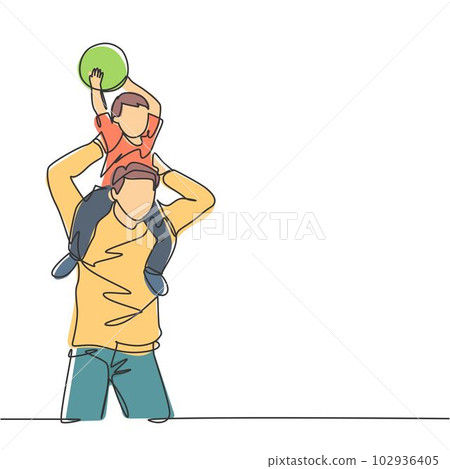 One line drawing of young happy father lift up his son on the shoulder and playing ball together at outdoor park. Parenting family concept. Continuous line graphic draw design vector illustration One line drawing of young happy father lift up his son on the shoulder and playing ball together at outdoor park. Parenting family concept. Continuous line graphic draw design vector illustration 102936405