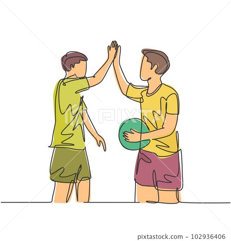 One line drawing of two young happy man playing basket ball on outfield court and giving high five gesture. Healthy sport lifestyle concept. continuous line draw design graphic illustration One line drawing of two young happy man playing basket ball on outfield court and giving high five gesture. Healthy sport lifestyle concept. continuous line draw design graphic illustration 102936406