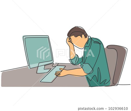 Single continuous line drawing of young tired businessman feel dizzy while he is working at office. Work fatigue after overload job concept. Trendy one line draw design graphic vector illustration Single continuous line drawing of young tired businessman feel dizzy while he is working at office. Work fatigue after overload job concept. Trendy one line draw design graphic vector illustration 102936610
