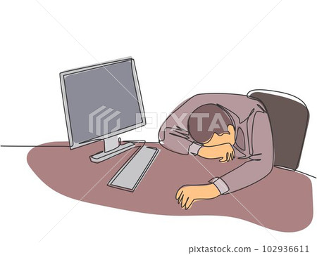 One single line drawing of young tired male employee sleeping on the work desk with computer. Work overload fatigue concept continuous line draw design vector illustration One single line drawing of young tired male employee sleeping on the work desk with computer. Work overload fatigue concept continuous line draw design vector illustration 102936611