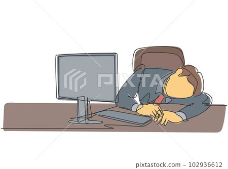 Single continuous line drawing of young sleepy startup CEO fall asleep on work desk while he was reading. Work overload fatigue at the office concept one line draw design graphic vector illustration Single continuous line drawing of young sleepy startup CEO fall asleep on work desk while he was reading. Work overload fatigue at the office concept one line draw design graphic vector illustration 102936612
