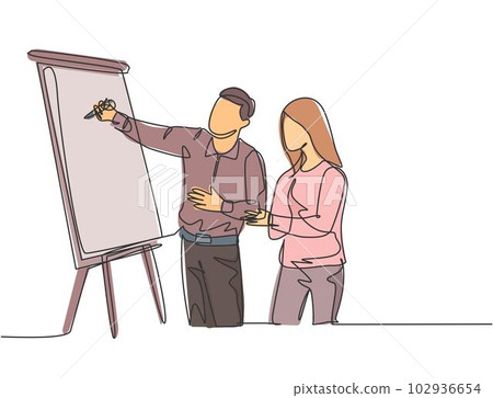Single continuous line drawing of male CEO explaining business process to his partner with infographic on flip chart. Startup work meeting concept. One line draw graphic design vector illustration Single continuous line drawing of male CEO explaining business process to his partner with infographic on flip chart. Startup work meeting concept. One line draw graphic design vector illustration 102936654