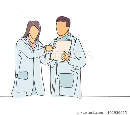 Single continuous line drawing of young male and female doctor discussing about health topic article on tablet. Medical healthcare service concept one line graphic draw design vector illustration 102936655