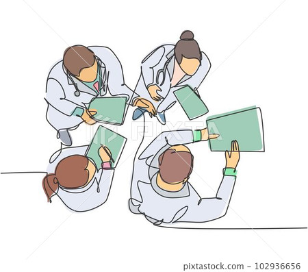 Single continuous line drawing of senior male doctor giving explanation to physician assistant about hospital procedures. Medical healthcare service concept. One line draw design vector illustration Single continuous line drawing of senior male doctor giving explanation to physician assistant about hospital procedures. Medical healthcare service concept. One line draw design vector illustration 102936656