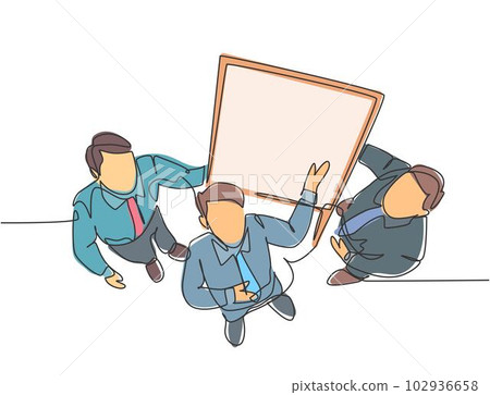 One continuous line drawing of young happy business men meeting using flip chart from top view. Business executive presentation teamwork concept. Single line draw design graphic vector illustration One continuous line drawing of young happy business men meeting using flip chart from top view. Business executive presentation teamwork concept. Single line draw design graphic vector illustration 102936658