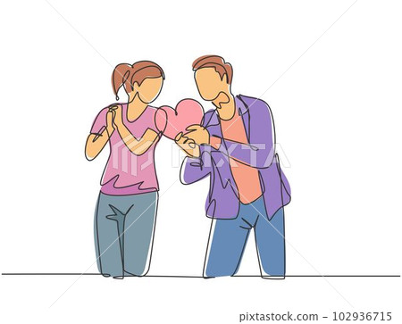 One single line drawing of young happy man propose pretty woman with heart shape gift at outside park. Romantic marriage propose concept continuous line draw graphic design vector illustration One single line drawing of young happy man propose pretty woman with heart shape gift at outside park. Romantic marriage propose concept continuous line draw graphic design vector illustration 102936715