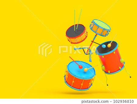 Set of drums and drumset with metal cymbals on multicolor background 102936810