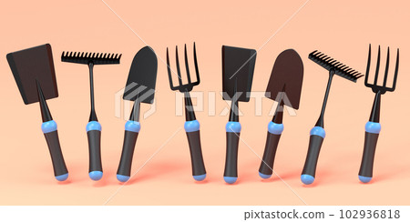 Garden shovel, pitchfork and rake on orange background, summer camping concept Garden shovel, pitchfork and rake on orange background, summer camping concept 102936818