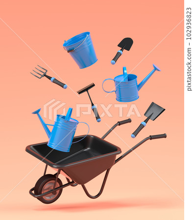 Garden wheelbarrow with garden tools like shovel, rake and fork on orange 102936823