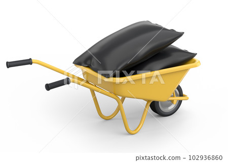 Garden wheelbarrow isolated on white background. Handcart with bags. Garden wheelbarrow isolated on white background. Handcart with bags. 102936860