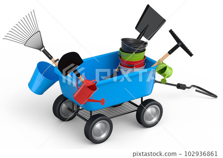 Garden wheelbarrow with garden tools like shovel, watering can and fork on white 102936861