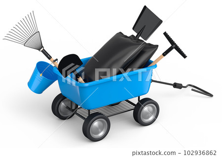 Garden wheelbarrow with garden tools like shovel, watering can and fork on white Garden wheelbarrow with garden tools like shovel, watering can and fork on white 102936862