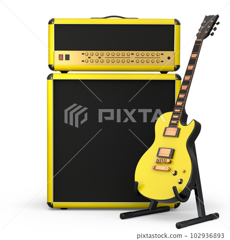 Classical amplifier with acoustic guitar on stand isolated on white background. 102936893