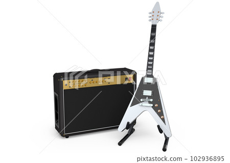 Classical amplifier with acoustic guitar on stand isolated on white background. 102936895