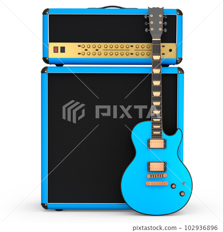 Classical amplifier with acoustic guitar isolated on white background. 102936896