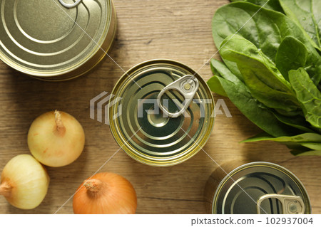 Canned food in blank metal jars, concept of canned food 102937004