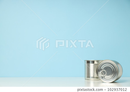 Canned food in blank metal jars, concept of canned food 102937012