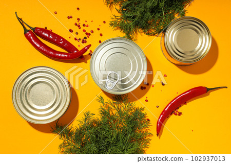 Canned food in blank metal jars, concept of canned food Canned food in blank metal jars, concept of canned food 102937013