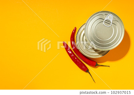 Canned food in blank metal jars, concept of canned food Canned food in blank metal jars, concept of canned food 102937015