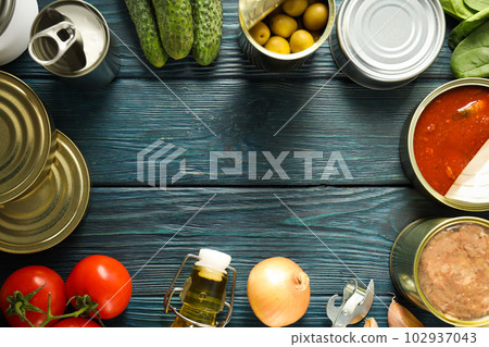 Canned food in blank metal jars, concept of canned food Canned food in blank metal jars, concept of canned food 102937043