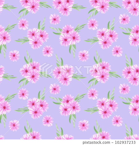 Hand drawn watercolor pink abstract daisy bouquet seamless pattern on purple background. Gift-wrapping, textile, fabric, wallpaper. Hand drawn watercolor pink abstract daisy bouquet seamless pattern on purple background. Gift-wrapping, textile, fabric, wallpaper. 102937233