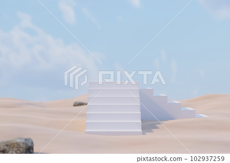 Minimal scene with podium and abstract background, white stairway and stone in desert dunes on blue sky background. 3d illustration, abstract background for product display. Natural landscape. Minimal scene with podium and abstract background, white stairway and stone in desert dunes on blue sky background. 3d illustration, abstract background for product display. Natural landscape. 102937259