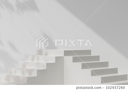 3d rendering white stairway on on a plain white wall background with natural shadow leaves. Abstract platform podium for product presentation. 3d rendering white stairway on on a plain white wall background with natural shadow leaves. Abstract platform podium for product presentation. 102937260