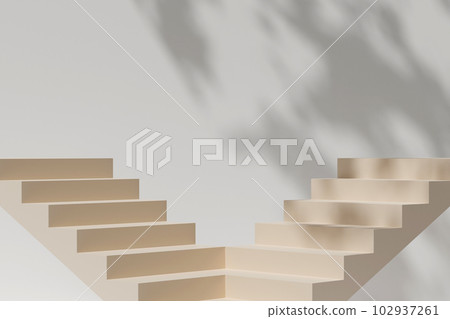 illustration background with 3d rendering beige stairway on white wall background with natural shadow leaves. Pedestal for cosmetic product and packaging mockups display presentation illustration background with 3d rendering beige stairway on white wall background with natural shadow leaves. Pedestal for cosmetic product and packaging mockups display presentation 102937261