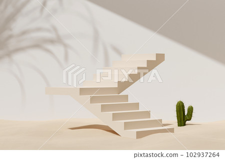3d render beige stairway and small green cactus in sand, on white wall background with shadow of reed grass. Abstract modern minimal background for product display 3d render beige stairway and small green cactus in sand, on white wall background with shadow of reed grass. Abstract modern minimal background for product display 102937264