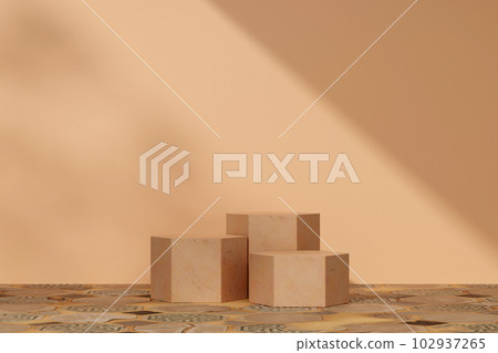 3d render beige round podiums on the marble floor on pink background. Abstract background with empty space for branding and minimal presentation. 102937265
