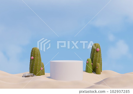 3d background with white empty round podium and two green cactus with small pink flowers on desert dunes and blue sky. Pedestal for product and packaging mockups presentation 3d background with white empty round podium and two green cactus with small pink flowers on desert dunes and blue sky. Pedestal for product and packaging mockups presentation 102937285