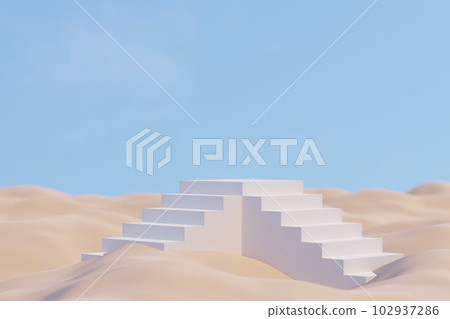 3D render white stairway in desert dunes on blue sky background. Abstract content, space for design, minimal scene for products showcase 102937286