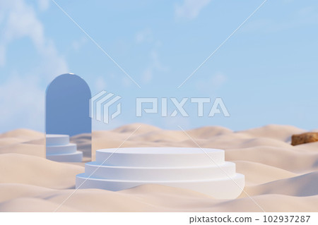 3d render step stage podium on desert dunes, reflection in the mirror on blue sky background. Minimal scene with podium and abstract background, 3d illustration. 3d render step stage podium on desert dunes, reflection in the mirror on blue sky background. Minimal scene with podium and abstract background, 3d illustration. 102937287