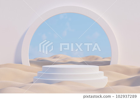 Abstract background with step stage podium on desert dunes and blue cloud sky scene from circle window. Geometric minimal scene, design for cosmetic or product display podium 3d render. Abstract background with step stage podium on desert dunes and blue cloud sky scene from circle window. Geometric minimal scene, design for cosmetic or product display podium 3d render. 102937289