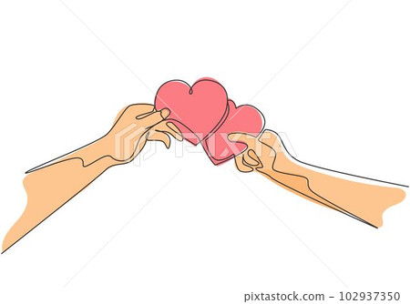 Single continuous line drawing of cute young happy man ad woman couple holding heart shaped paper and unite it together. Romantic love invitation card concept one line draw design vector illustration 102937350