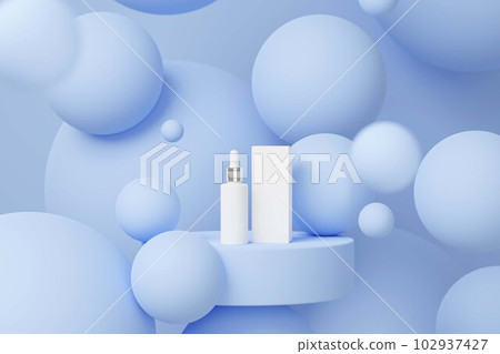 Background vector 3d render with blue round podium and blue wall scene decorated with many sizes of balls. Empty label white bottle with dropper for cosmetic product mockup Background vector 3d render with blue round podium and blue wall scene decorated with many sizes of balls. Empty label white bottle with dropper for cosmetic product mockup 102937427