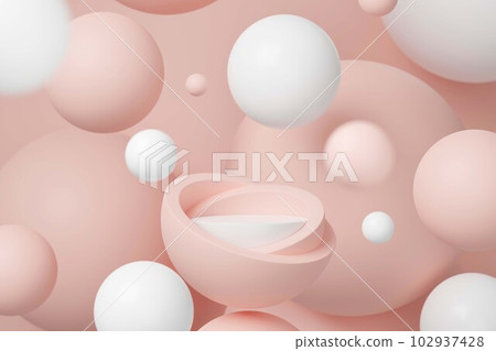 Podium for packaging or beauty product presentation. Pink pastel background with white and pink color of flying balls. Showcase, display case, 3d render Podium for packaging or beauty product presentation. Pink pastel background with white and pink color of flying balls. Showcase, display case, 3d render 102937428