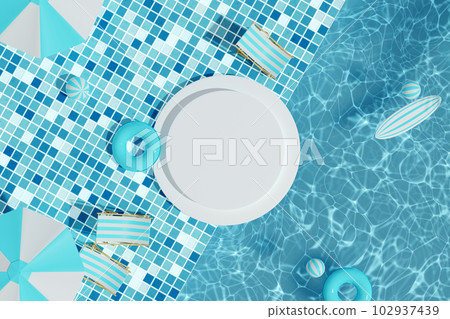 Top view of background vector 3d blue rendering with podium and swimming pool scene with balls, chairs, surfboard and swimming buoys. Product promotion Top view of background vector 3d blue rendering with podium and swimming pool scene with balls, chairs, surfboard and swimming buoys. Product promotion 102937439