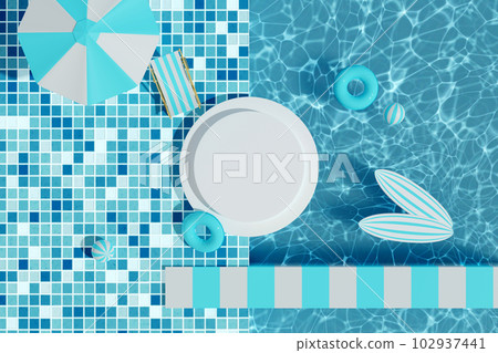 3D rendering of round podium for product display with swimming pool scene decorated with some swimming stuffs over blue background 102937441
