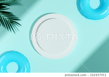 Abstract geometric shape pastel color scene minimal, design for cosmetic or product display on round podium. Tropical leaf and swimming buoys decorated. 3D illustration 102937451