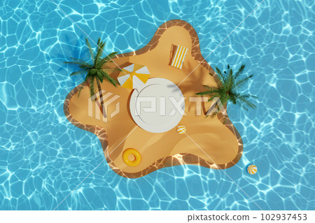 3D rendering with top view of a sand hill in the middle of beach water. Vector 3d render with podium. stand to show cosmetic products. An umbrella, chair, balls, swimming buoy and trees decorated 102937453